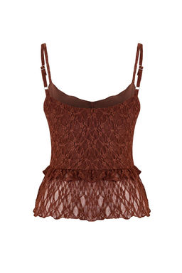 Kahverengi Fitted/Vucuda Oturan V Yaka Kolsuz Volanl?/F?rf?rl? Dantel Orme Bluz TWOSS26BZ00032 - Trendyolmilla фото 6