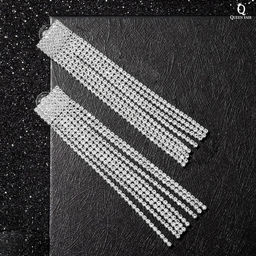 Серьги висячие со стразами Водопад квадрат, цвет белый в серебре, 9,5см - Queen fair фото 2