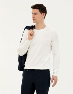 Ekru Slim Fit Bisiklet Yaka Triko Kazak