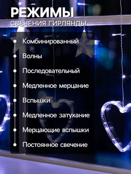 УЦЕНКА Гирлянда Бахрома 2.4?0.9 м с насадками Сердце, 186 LED, 220 В, 8 режимов, свечение белое - Luazon lighting фото 3