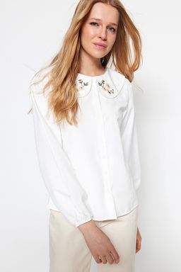 TRENDYOLMILLA Ekru Yakas? Nak?s Detayl? Pamuk Regular Normal Kal?p Dokuma Gomlek TWOSS23GO00009 фото 10