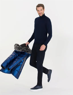 Lacivert Slim Fit Bal_k__ Yaka Y_n Kar___ml_ Basic Triko Kazak