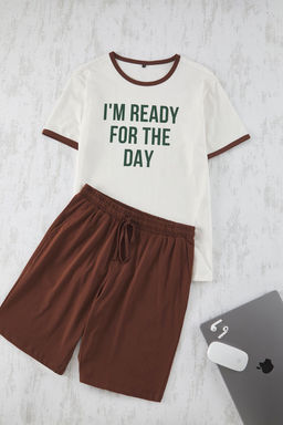 TRENDYOL MAN Ekru Kahverengi Regular Fit Slogan Bask?l? Orme Sortlu Pijama Tak?m? TMNSS25PT00011 - Trendyolmilla фото 5