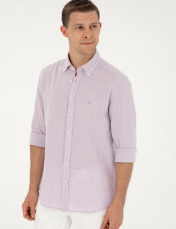 Рубашка приталенного кроя из смесового льна сиреневого цвета с длинным рукавом - Cacharel фото 10