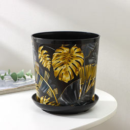 Горшок для цветов с поддоном Доляна «Голди.Тропики», 1,6 л, d=14 см, h=15,5 см, пластиковый, цвет чёрный