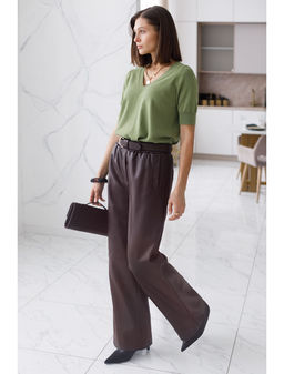 Широкие кожаные брюки-трубы с поясом - Vilatte фото 4