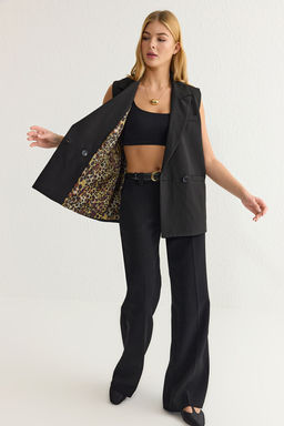 TRENDYOLMILLA Siyah Oversize Leopar Astar Detayl? Dokuma Yelek TWOSS25YE00014