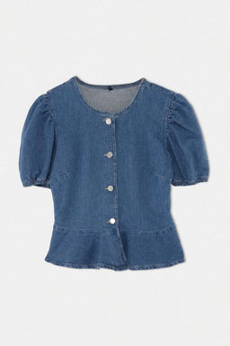 Mavi Balon Kollu D__me Detayl_ Peplum Denim Bluz TWOAW27BZ00037 - Trendyolmilla фото 7