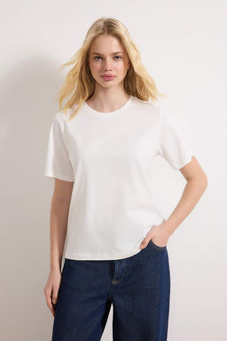 Zumrut Yesili-Ekru %100 Pamuk Bisiklet Yaka 2li Paket Orme T-Shirt TWOSS20TS0141