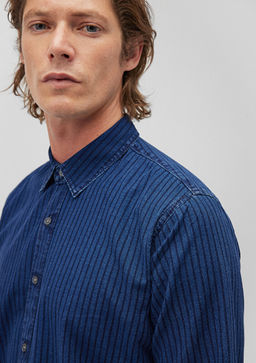 Cizgili Denim Gomlek - Mavi фото 5