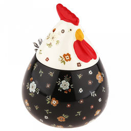 Банка для специй фарфоровая Петушок 460мл, д8-10,5см, h8,2см, с выемкой для ложки, общая h14,7см, металлическая ложка Веточка 12,3см, черный/бежевый с цветочками (Китай) - Домашняя мода фото 4