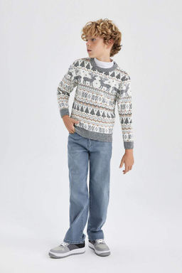 Свитер Mini Me с круглым вырезом в новогодней тематике для мальчика - Defacto фото 6