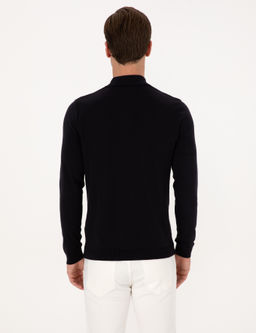 Lacivert Regular Fit Pamuk Kar___ml_ Fermuarl_ Polo Yaka Basic Triko Kazak