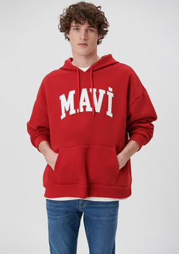 Mavi Logo Bask?l? Kapusonlu K?rm?z? Sweatshirt