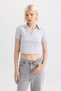 Приталенная футболка с короткими рукавами и воротником-поло с принтом - Defacto фото 3