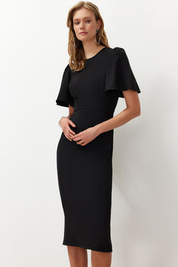 Siyah A Kesim Kolda Pili Detayl? Midi Kalem Etek Dokuma Elbise TWOSS24EL00659