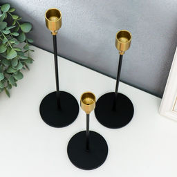 Металлический подсвечник на 1 свечу «Гало», набор 3 шт., чёрный с золотом, 8×8×22.5 см; 8×8×27.5 см; 8×8×32.5 см