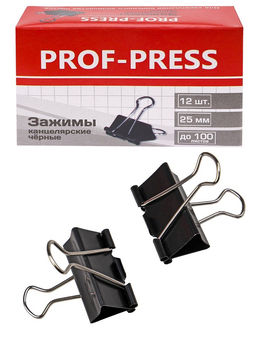 Цена за 2 шт. Зажимы для бумаг 25мм черные "Prof-Press" (ЗК-4167) комплект 12шт.