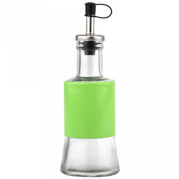 Бутылка для масла стеклянная В юбке Валенсия 200мл, д6,5см, h15см, д/горла 2см, дозатор из нержавеющей стали, в цветной металлической оплетке, цвета в ассортименте: черный, красный, салатовый, д/основания 6см (Китай)