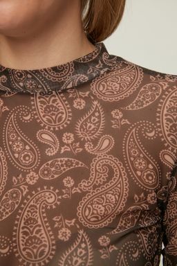 Cok Renkli Sal Desenli Fitted/Vucuda Oturan Dik Yaka Tul Esnek Orme Bluz TWOAW20BZ1008
