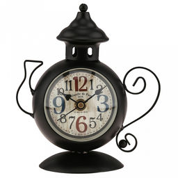 Часы настольные интерьерные "Чайник" 13,5х8х16см, мягкий ход, циферблат с рисунком, бежевый; цифры арабские, черный; выпуклое стекло; элементы металл, корпус пластик, черный матовый; в коробке (Китай)