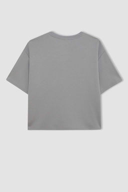 Женская серая базовая однотонная футболка с круглым вырезом и короткими рукавами Relax Fit - Defacto фото 9