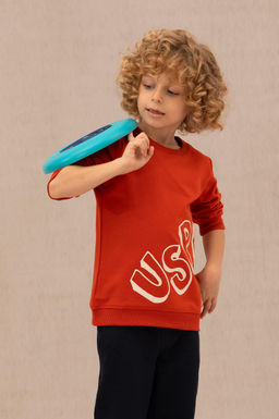 _ocuk Kiremit Basic Bisiklet Yaka Sweatshirt