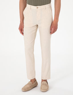 Bej Slim Fit Keten Kar___ml_ _izgili Kanvas Pantolon