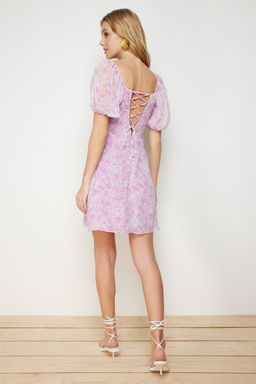 Lila Cicek Desenli A-Kesim Sifon Astarl? Mini Dokuma Elbise TWOSS23EL00512 - Trendyolmilla фото 5