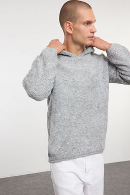 Gri Regular Kapusonlu Dokulu Triko Kazak TMNAW25KZ00047