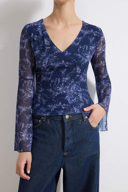 Cok Renkli Boho/Boho Chic Bask?l? V yaka Ispanyol Kol Tul Esnek Orme Bluz TWOAW26BZ00239