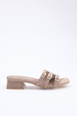 Vizon Nubuk Gold Tokal? Kad?n 3 cm Blok Topuklu Terlik TAKSS25TO00036