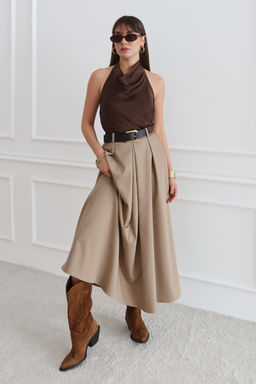 Bej Kemerli A-line Klos Dokuma Maxi Uzun Etek TWOAW26ET00168