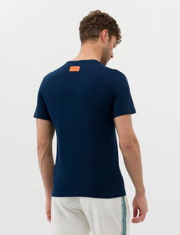 Lacivert Slim Fit Bask_l_ Bisiklet Yaka Ti__rt