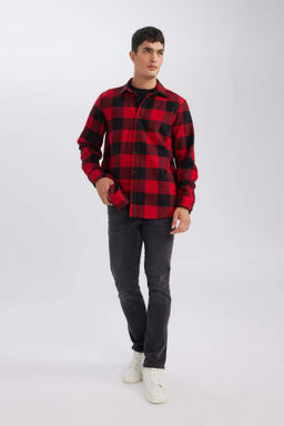 Мужская красная фланелевая рубашка с длинными рукавами и воротником-поло стандартного кроя в клетку Lumberjack - Defacto фото 7