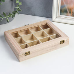 Шкатулка для росписи дерево «Прямоугольная со стеклянной вставкой», для творчества, декора, 12 отделений, 3.5×19×15 см