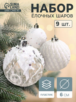 Ёлочные игрушки Снежная изморозь, шары пластиковые, d=6 см, набор 9 шт., белый
