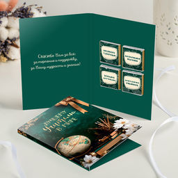 Открытка 4 шоколадки "Лучшему учителю в мире" (зелёная с глобусом)