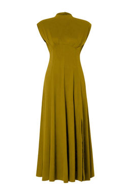 Haki Belden Ac?lan Kolsuz Buzgulu Premium Lyocell Icerikli Maxi Orme Elbise TWOSS26EL00670
