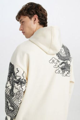Oversize Genis Kal?p Kapusonlu Bask?l? Sweatshirt