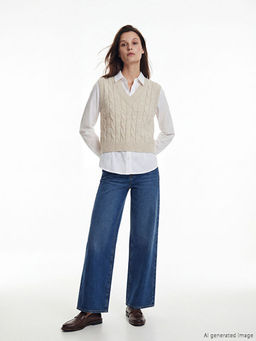 V Yaka Kendinden Desenli Kad?n Triko S?veter