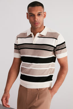 Cok Renkli Regular Fit Cizgili Triko Polo Yaka T-Shirt TMNSS24PO00003