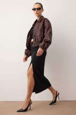 Siyah Smart Krep Y?rtmac Detayl? Maxi Yuksek Bel Esnek Orme Etek TWOSS23ET00351