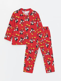 Polo Yaka Uzun Kollu Mickey Mouse Bask?l? Erkek Bebek Pijama Tak?m?