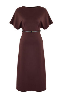 Kahverengi A-Kesim/Can Form Kay?k Yaka K?sa Kollu Kemerli Midi Interlok Orme Elbise TWOSS26EL00107