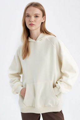 Oversize Genis Kal?p Kapusonlu Kanguru Cepli Kal?n Basic Duz Sweatshirt