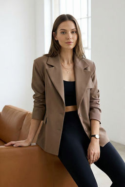 Vizon Oversize Astarl? Kruvaze Kapama Dokuma Blazer Ceket TWOSS22CE0077