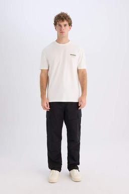 Regular Fit Bisiklet Yaka S?rt Bask?l? K?sa Kollu Ag?r Kumas Tisort - Defacto фото 3