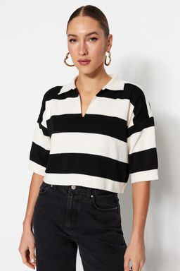 Siyah Crop Polo Yaka Basic Cizgili Ince Triko Bluz TWOSS23KZ00010 - Trendyolmilla фото 2