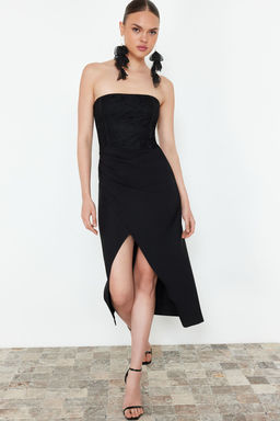 Siyah Dantel Detayl? Dokuma S?k Abiye Elbise TPRSS24EL00182